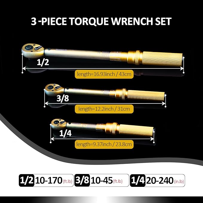 1/4 3/8 1/2 inch Drive Click Torque Wrench, 3Pcs Torque Wrench Set 20-240in.lb, 10-45ft.lb, 10-170ft.lb,72-Tooth Dual Range Scales with Quick Release Reversible Head for Car