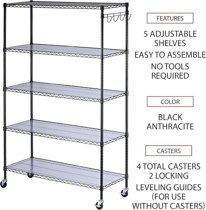 Alera 5-Shelf Wire Shelving Kit with Casters and Shelf Liners, 48w X 18d X 72h, Black Anthracite