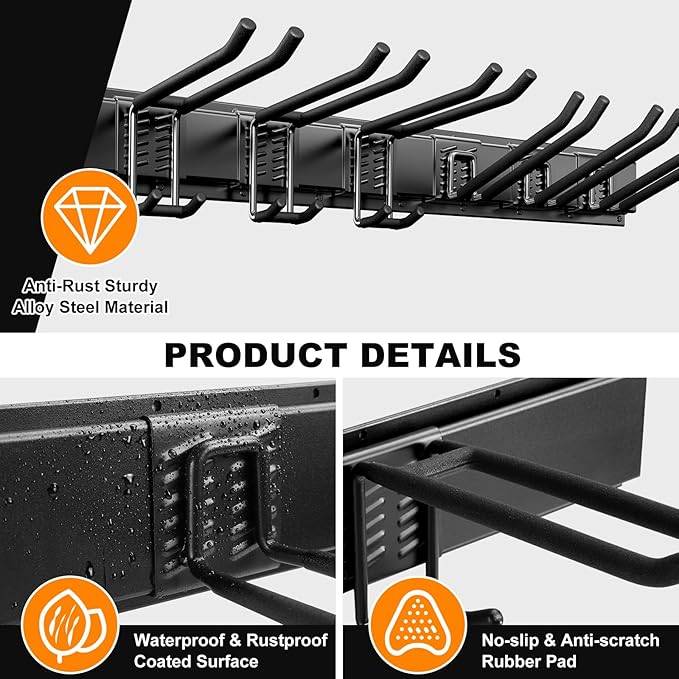 Garden Tool Organizer - Garage Storage Organization Wall Mount 48 Inches, 440lbs Adjustable Heavy Duty Metal Hooks,Yard Shed Organizer Rack Holder System Hanging Rake Broom Mop with 6 Adjustable Hooks