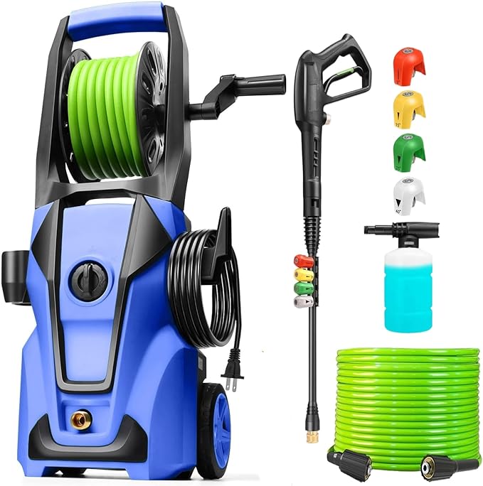 Pressure Cleaner Adjustable 5000PSI 4.0 GPM High Power Cleaners with 33ft Hose Reel, 4 Nozzle and Foam Cannon, Power Cleaners Machine for Home, Cars, Patio (Light Blue)