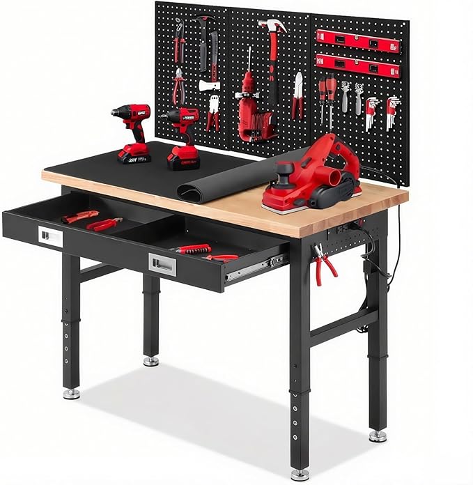 ENJOYWOOD 48" x 24" Garage Workbench Adjustable Height Work Table with Drawers, Pegboard and Power Outlets Heavy Duty Rubberwood Top Work Bench for Workshop & Home