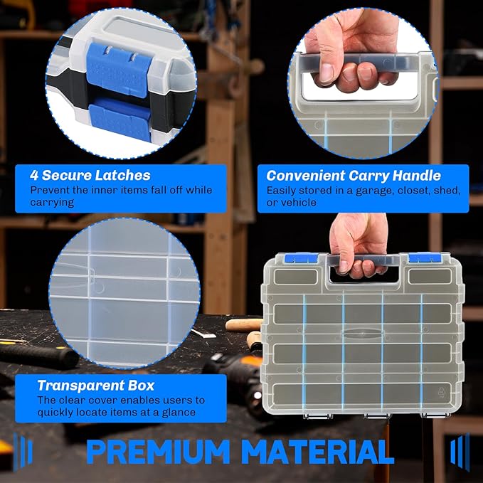 Small Parts Organizer 2 Pack | Storage Case Tools Box 34-Compartments Double Side Organizer Box with Removable Dividers for Small Hardware, Screws, Bolts, Nuts, Nails, Beads (Blue)