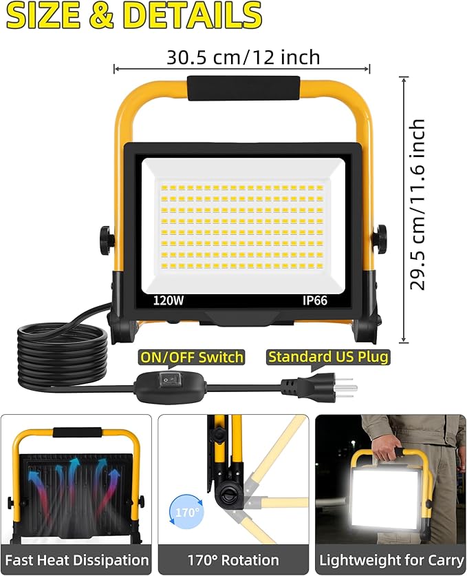 2 Pack 14400LM LED Work Light, 120W Flood Light with 16FT Cord & Switch, Portable Worklight with Stand, 5000K IP66 Waterproof Construction Lighting for Job Site Repairing Workshop Garage