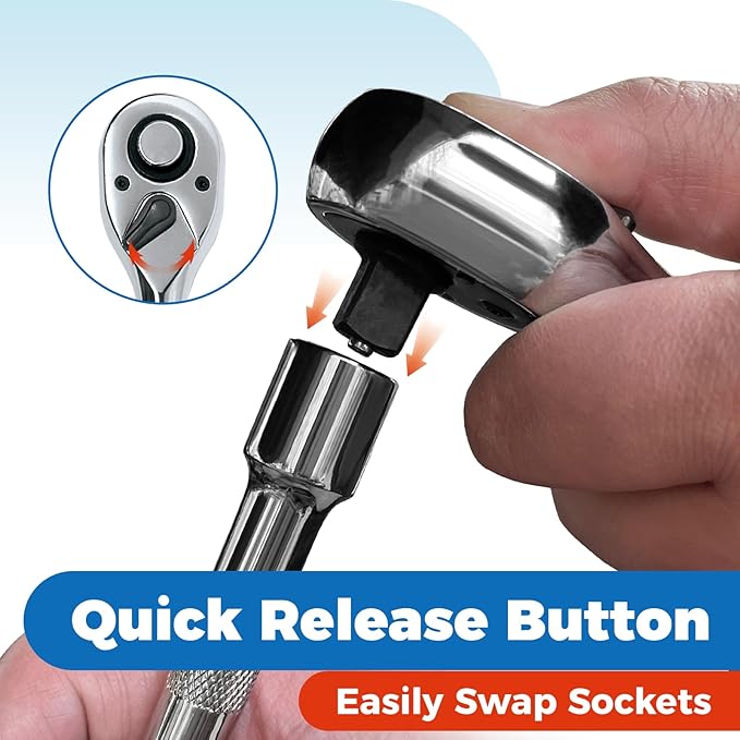 1/4-Inch Drive Ratchet, Quick-Release Reversible Ratchet Wrench, 72-Tooth 1/4 Drive Ratchet Handle, Chrome Alloy Made, Cr-Mo Head,Full Polished