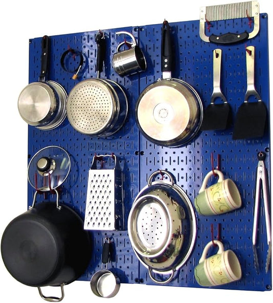 Wall Control Kitchen Pegboard Organizer Pots and Pans Storage Rack Organization Kit with Blue Pegboard and Red Accessories