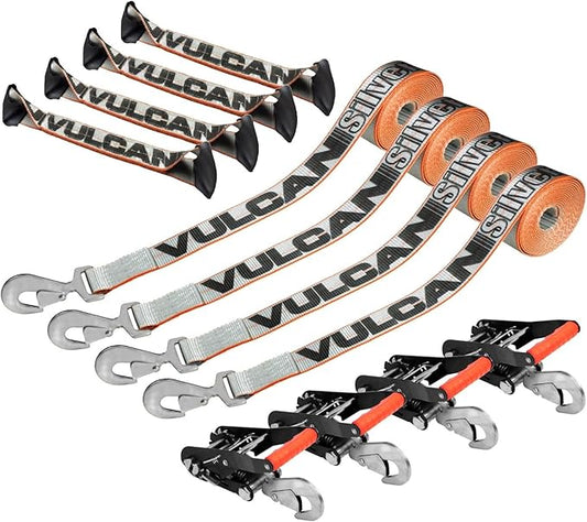 VULCAN 8-Point Roll Back Vehicle Tie Down Kit with Snap Hooks on Both Ends - Set of 4 - Silver Series