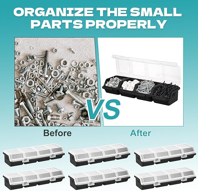 YEXEXINM 6Pcs Screw Organizers Storage Bins with Lids, Plastic Stackable Hardware Organizer Box for Garage Nails Craft Tool Organizing, Tool Cart Cabinet Workbench Drawers (Black)