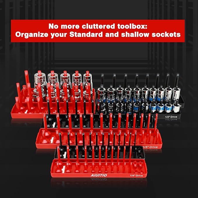 8 Piece Metric & SAE Socket Organizer Tray Set, 1/4-Inch, 3/8-Inch & 1/2-Inch Drive Standard & Deep Socket Holders for Toolboxes, Store 176 Sockets