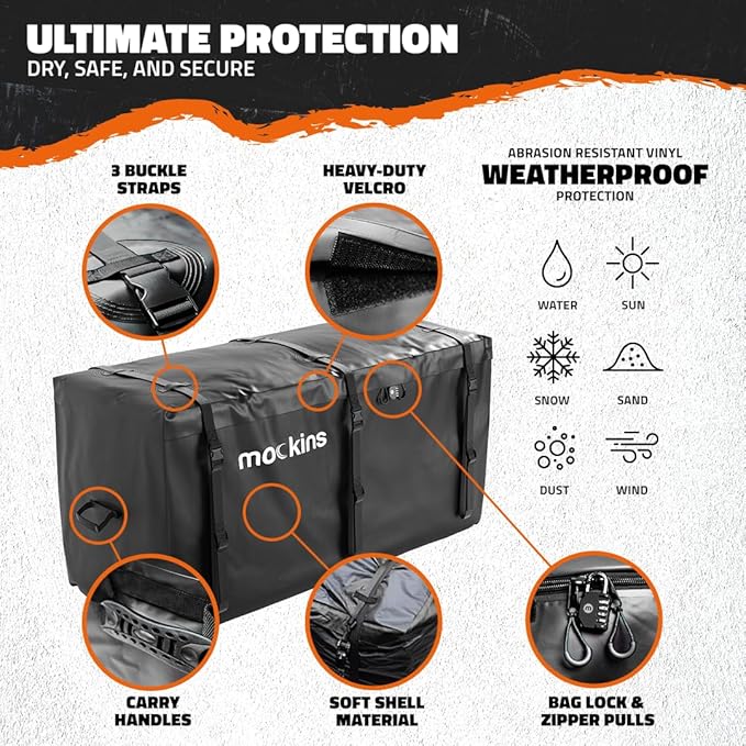 Mockins 25 CuFt All-Weather Trailer Hitch Cargo Carrier Bag | 60"x24"x31" Versatile Truck Bed Waterproof Storage & Cargo Bag for Hitch Carrier | Vehicle Soft-Shell Carriers w/Straps, Lock & Carry Bag
