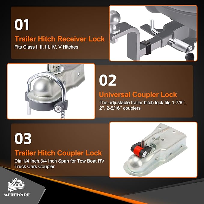 METOWARE Keyed Alike Trailer Lock Set: Universal Trailer Coupler Lock, 2 Dual Bent Pin Trailer Hitch Locks (1/2" & 5/8") and Trailer Tongue Lock - 3-Piece Anti-Theft Towing Security Kit, Grey