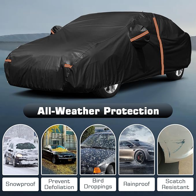Waterproof Car Cover for 2011-2025 VW Jetta, All Weather Sedan Outdoor Sun UV Rain Dust Snow Wind Protection Cover for Automobiles with Zipper Door & Windproof Bands (Black)