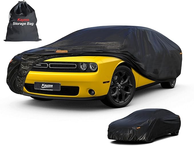 Kayme 7 Layers Car Cover Custom Fit for Dodge Challenger SXT SRT R/T GT Demon Hellcat (2008-2025) Waterproof All Weather for Automobiles, Outdoor Full Cover Rain Sun UV Protection.Black