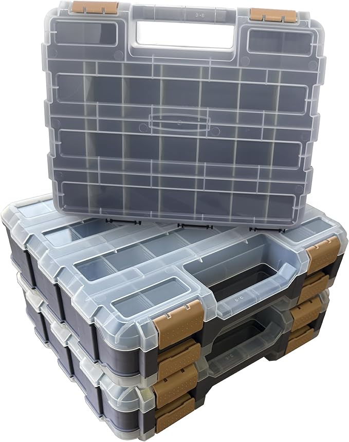 Double Side Tool Box Organizer, Hardware Storage Box, Portable Small Parts Organizer with Removable Plastic Dividers for Screws, Nuts, Nails, Bolts, Grey