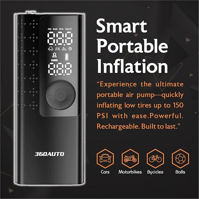 Portable Air Compressor Tire Inflator Pump – Cordless Electric 5X Faster Air Pump for Car, Bike, Ball & More – 150 PSI with Pressure Gauge, Battery Powered, Auto-Off, Accessories Included