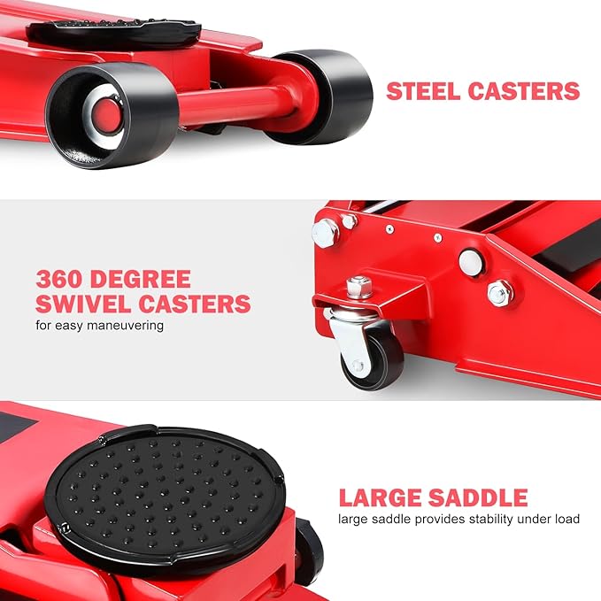 PM PERFORMOTOR Low Profile Hydraulic Trolley Service/Floor Jack, 3 Ton (6000 lbs) Capacity, Lifting Range 3"-20",Red,PM-TOL-FJ30-RD