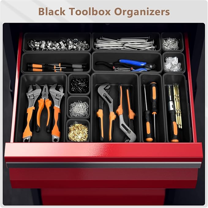 A-LuGei【𝟲 𝗦𝗜𝗭𝗘 & 100PCS Tool Box Organizer Tray Set【Fits 100+ Tools】 Black Plastic Drawer Divider Desk Drawer Organizer Garage Organization for Rolling Tool Chest Cart Workbench Office Storage