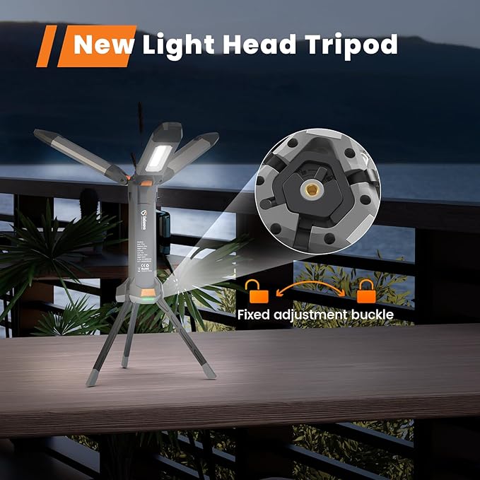 gogonova 2026 Rechargeable Work Light with Stand, 4 in 1 Cordless Camping Light, 700/1200/2200 Lumens, 4000/6500K Dimmable LED Work Lamp with Detachable Tripod（Grey）