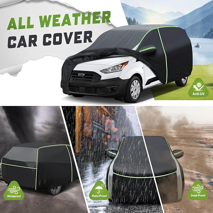Mixsuper Liner Car Cover for Ford Transit Connect 2014-2026, 7 Layers Waterproof Car Cover Accessories for Transit Connect Van with Zipper Door, Windproof Straps, Reflective Strips, All Weather