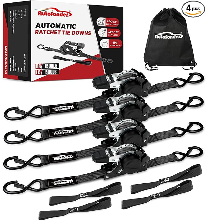 Retractable Ratchet Straps with Soft Loops (4 Pack)-(1,500lb Break Strength)-1 Inch x 12 Feet Heavy Duty Auto Self Retracting Tie Down Strap for Truck, Cargo Trailer, Motorcycle, Rad & More