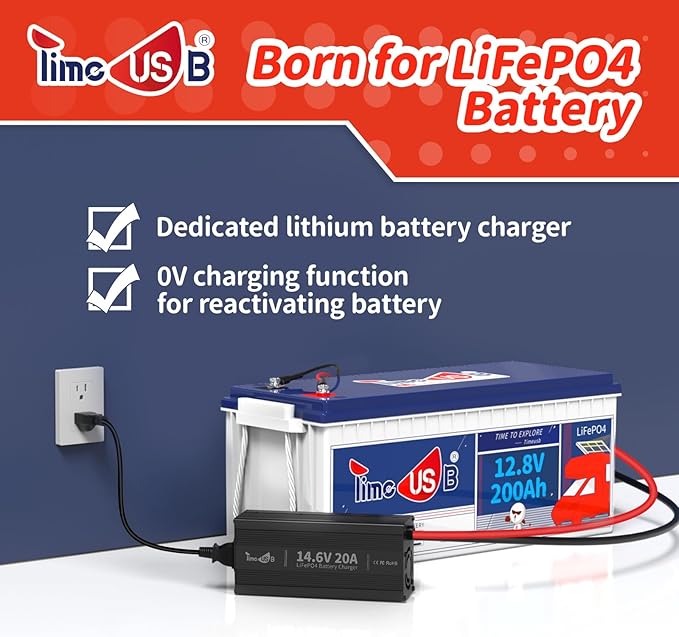 Timeusb 12V 20A LiFePO4 Battery Charger, 14.6V AC-DC Lithium Battery Smart Fast Charger with Anderson Connector LED Indicator for Lithium LiFePO4 Deep Cycle Batteries in Boats, RVs (12V 20A)