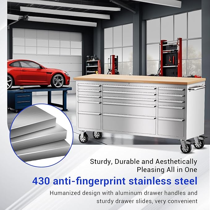 CHETTO C 72 inch Tool Chest Tool Box Mobile 15 Drawers Storage Rolling Cabinet with Wheels Lock Key Locking System Drawer Liners for Garage Warehouse Repair Shop