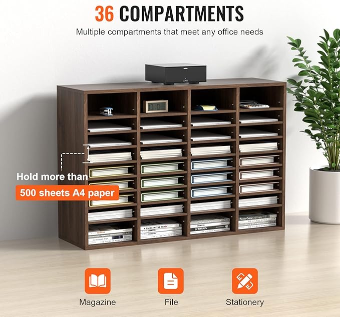 VEVOR Literature Organizers, 36 Compartments Office Mailbox with Adjustable Shelves, Wood Literature Sorter 39.3x12x26.8 inches for Office, Home, Classroom, Mailrooms Organization, EPA Certified Brown