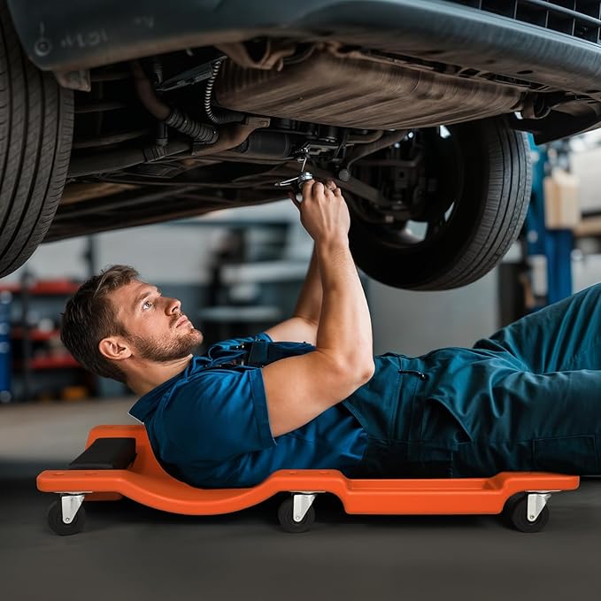 Magshion Mechanic Creeper with Padded Headrest and Tool Tray, 330 lbs Capacity Rolling Garage Shop Creeper with 6 Wheels, Lightweight and Portable Automotive Creeper (Orange)