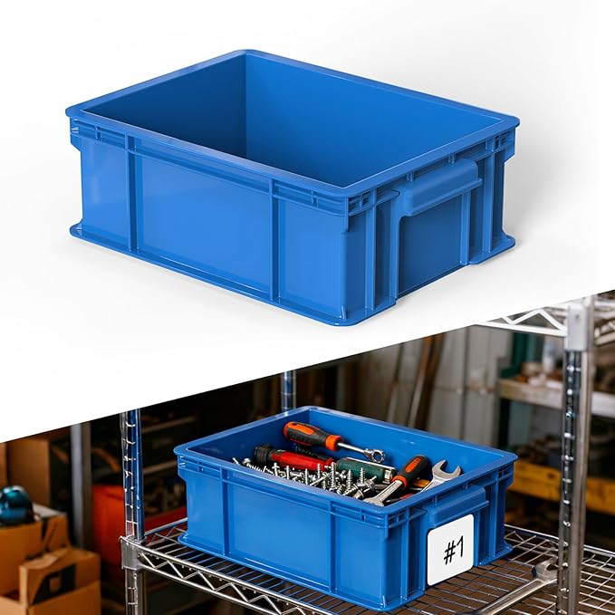 Heavy Duty Storage Bins, 180lbs Load Capacity Totes for Storage, 14.2"L x 10.4"W x 5.5"H, Stackable Straight Wall Container, Plastic Tote for Garage & Workshop, Stickable Labels, Blue, 1-Pack