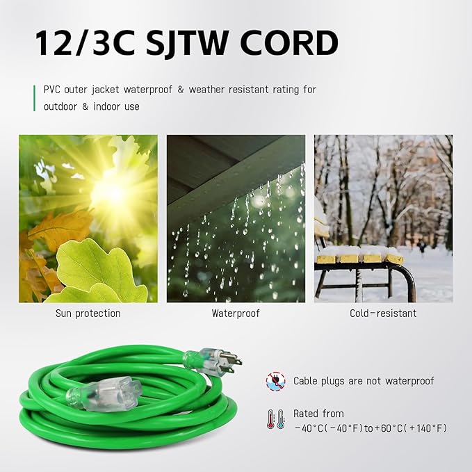 EP 3 Ft Outdoor Extension Cord, 12/3 SJTW Heavy Duty Waterproof Power Cable, 3 Prong Grounded Plug, Lighted End, for Lawn, Garden, Appliances, Green