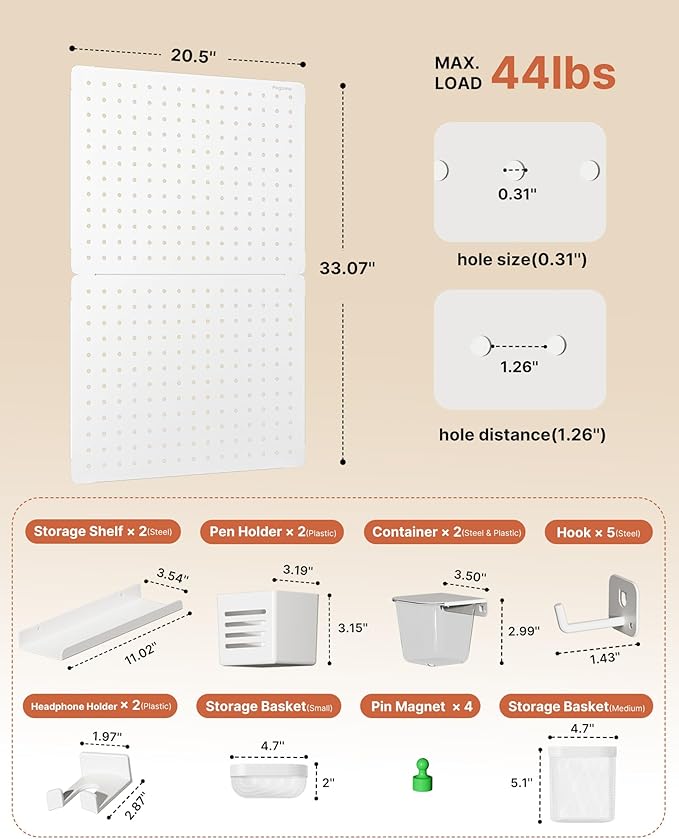 PEGZONE Pegboard Wall Organizer Combination Kit,Overall 33.1"x20.5" Metal Office Pegboard with 19 Accessories, Wall Mounted Peg board Display Panels for Home, Gaming Room, Garage (2Pcs,White)