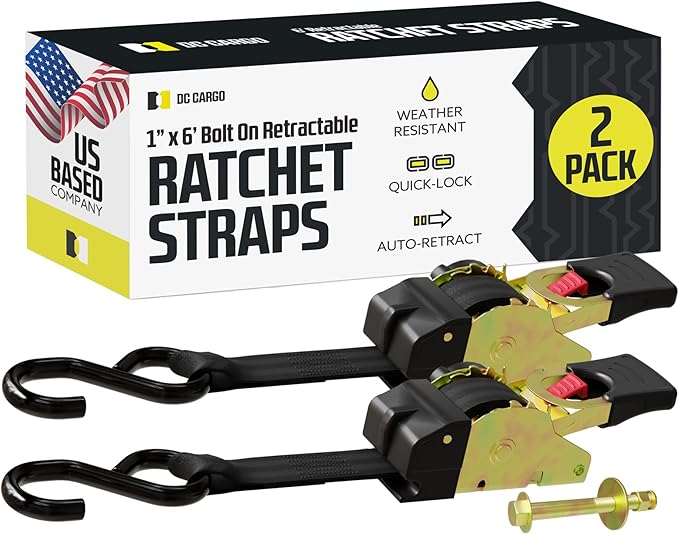 DC Cargo Mall Bolt-on Auto Retractable Ratchet Straps - (2 Pack) 1 Inch x 6 Ft - 1500 lbs Break Strength - Retractable Ratchet Tie Down Straps for Boats, Jet Skis, Motorcycles, ATVs
