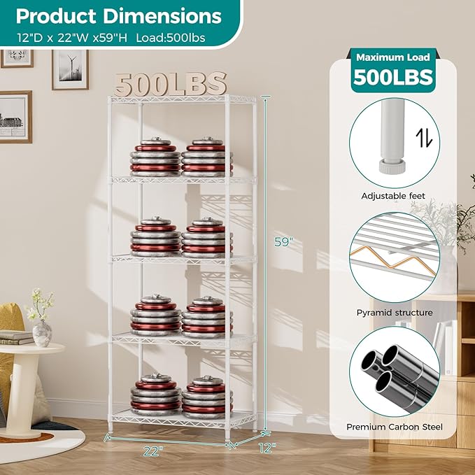 SINGAYE Shelf Wire Shelving Adjustable Storage Shelves Rack Standing Units for Kitchen Closet Laundry Bathroom Organizers Metal Pantry Narrow Mesh Gaps 12" D x 22" W x 59" H White
