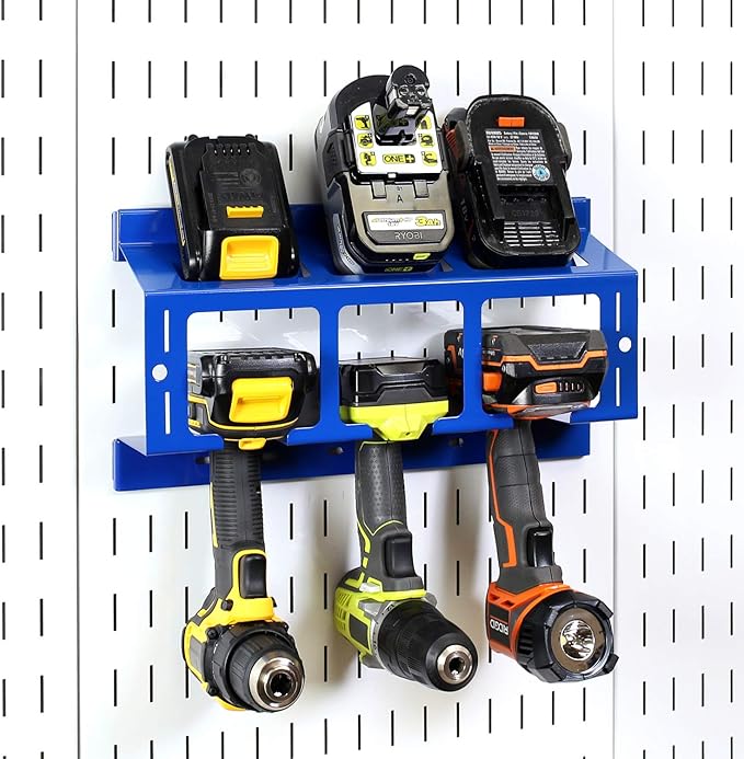 Wall Control Drill Holder Power Tool Storage Rack - Compact Impact Drill Battery Power Tool Pegboard Organizer Pegboard (Blue)