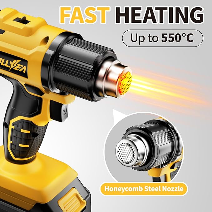 FULLYEA Cordless Heat Gun, 300℃-550℃ Fast Heating Gun Kit, 2 Temperature Setting Cordless Heater, Hot Air Gun with 2*4.0Ah Batteries & 5 Types Nozzles, Heat Guns for Shrink Tubing, Crafting (Yellow)