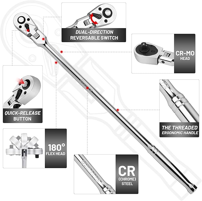 3/8-Inch Drive Flex Head Ratchet With Long Handle - 72 Tooth Quick Release Swivel Socket Wrench - Cr-Mo Head, Flexible Handle - 18/457mm