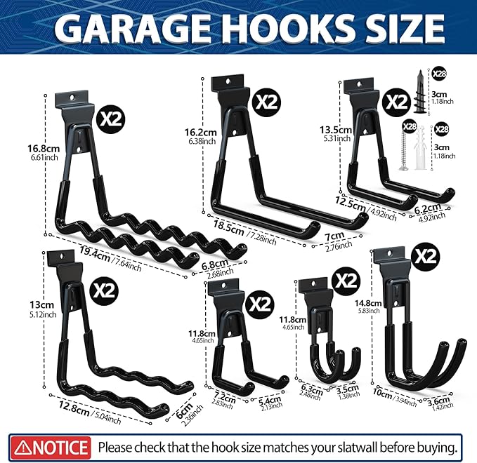3-H Slatwall Hooks 14 Pack Heavy Duty Multi Sizes, Slatwall Accessories & Hangers Compatible with Proslat Handiwall Crownwall StoreWALL, Garage Slat Wall Hooks for Tools & Daily Items(Black)