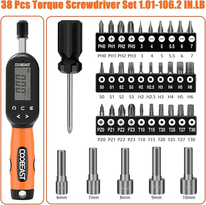 38pcs Torque Screwdriver 1.01-106.2 in-lbs/0.11-12 Nm, 1/4 inch Drive Electronic Digital Torque Wrench Set Vibration with Buzzer/LED Notification for Gunsmithing, Scope Mounting