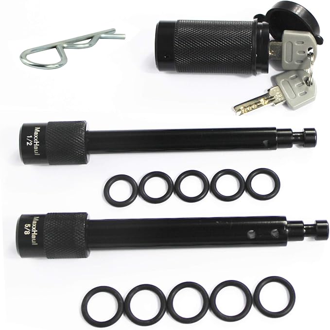 MaxxHaul Hitch Pin Lock Set 2 Hitch Pins 1/2" and 5/8" with 1 Shared Lock Keyed Alike Anti-Theft Trailer Hitch Lock for Class I-V Receivers Weatherproof (50151)