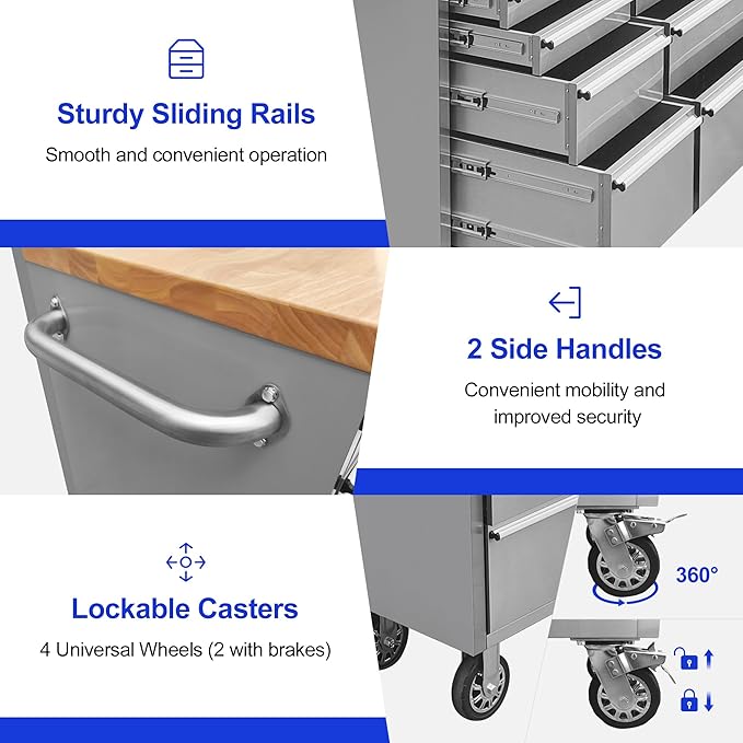 72-Inch Stainless Steel Rolling Tool Box with 15 Drawers & 3 Upper Cabinets, Heavy-Duty Mobile Garage Workbench, Lockable Large Tool Chest Storage Cabinet with Wheels and Pegboard for Workshop