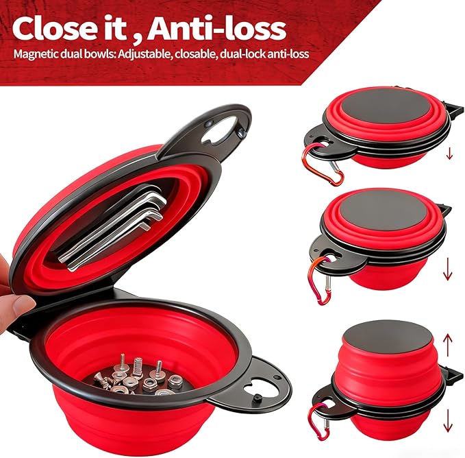 Collapsible Magnetic Parts Tray Set, New Upgraded Version Magnetic Trays, Integrated 5.1" Round Dual Silicone Bowls, Multi-Use Nuts And Bolts Organizer, Bonus Hook for On-the-Go Carry (red2.0)
