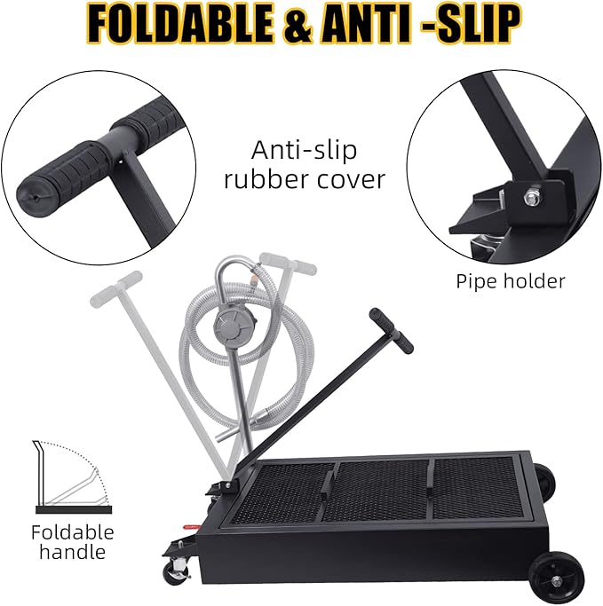 25 Gallon Oil Drain Pan 95L Foldable Low Profile Oil Drain Pan, Large Capacity Oil Change Pan, with Pump, Hose