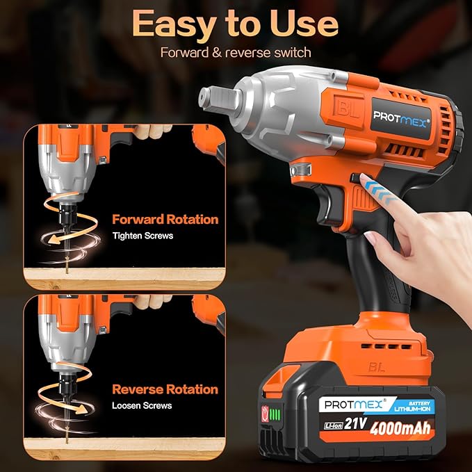 Cordless Impact Wrench, 665Ft-Ibs (900N.m) 1/2" Electric Impact Wrench, 21V Power Impact Drill with 2x 4.0Ah Battery, 6 Sockets, 8 Drill, 6 Screws, Impact Gun Variable Speeds for Car/Truck /Mower