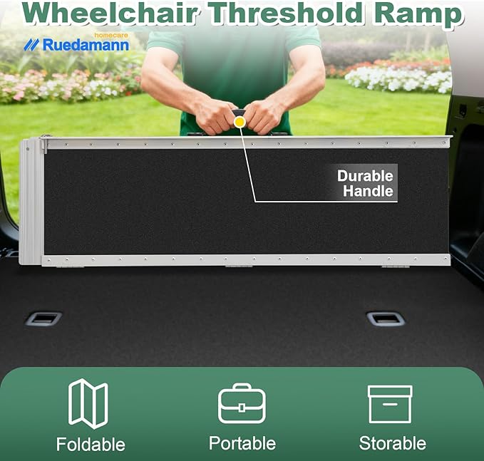 Ruedamann 8FT Wheelchair Ramp, 600Lbs Capacity, Non-Slip Threshold Ramp, Portable Aluminum Folding Handicap Ramp, Wider Design, Mobility Ramp for Home, Wheelchairs, Steps, Stairs, Doorways, Curbs