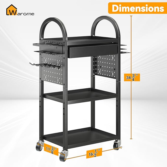 Warome Power Tool Organizer Cart with Drawer, Garage Floor Rolling Storage Cart on Wheels for Mechanic, Heavy Duty Utility Rack Shelf for 360° Swiveling, Garage Orgnization for Drill Holder