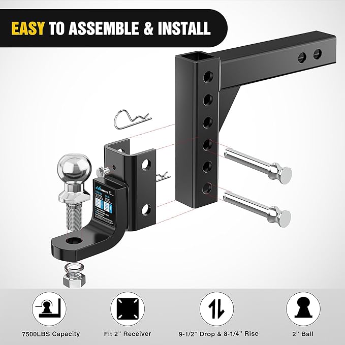 Nilight 8-Position Adjustable Trailer Hitch Ball Mount with 2 inch Ball Fits 2 Inch Receiver with 5/8" Pin Lock 7500 lbs, 9-1/2" Drop, 8-1/4" Rise Hitch for Trailers Boats Pickups RV