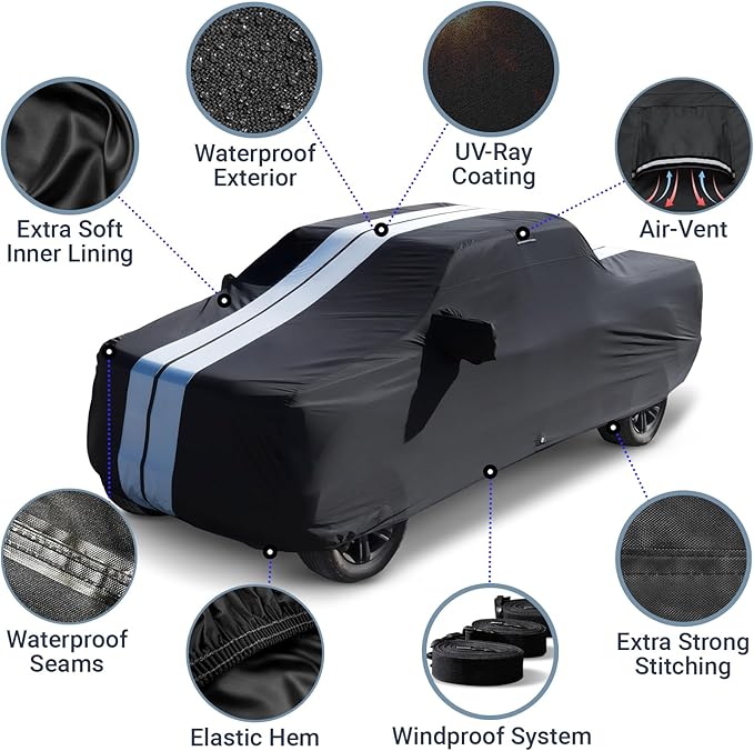 iCarCover Premium Heavy Duty Truck Car Cover - Waterproof All Weather Rain Snow UV Protection, Ram 1500, 2500, 3500, Silverado, Sierra 2500HD, 3500HD, Size T79 (See Size Chart), Stripe - Black/Gray