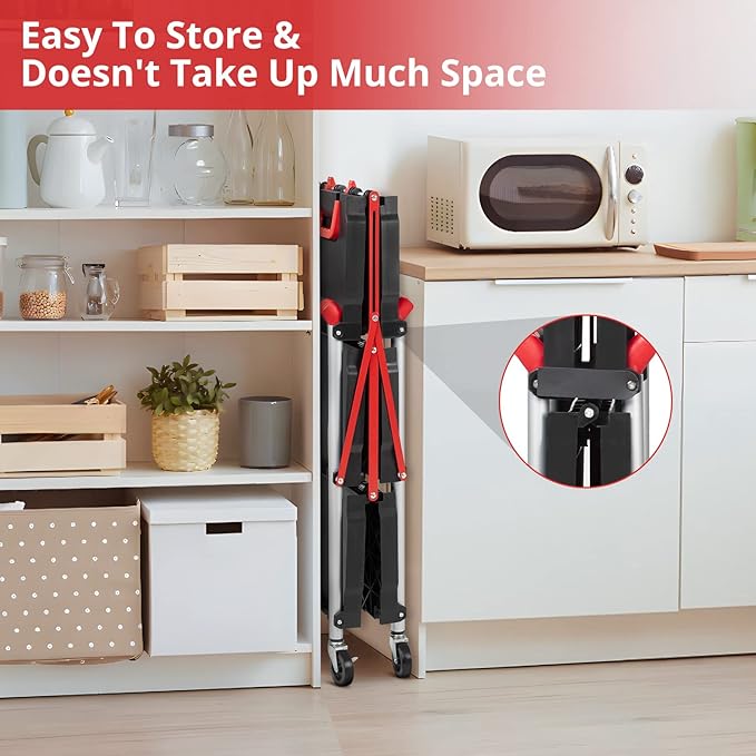 Towallmark Portable Folding Service Cart, 3 Tier Folding Utility Cart, Collapsible Utility Carts for Office, Warehouse, and Home, High Capacity Tool Cart (Black & Red)