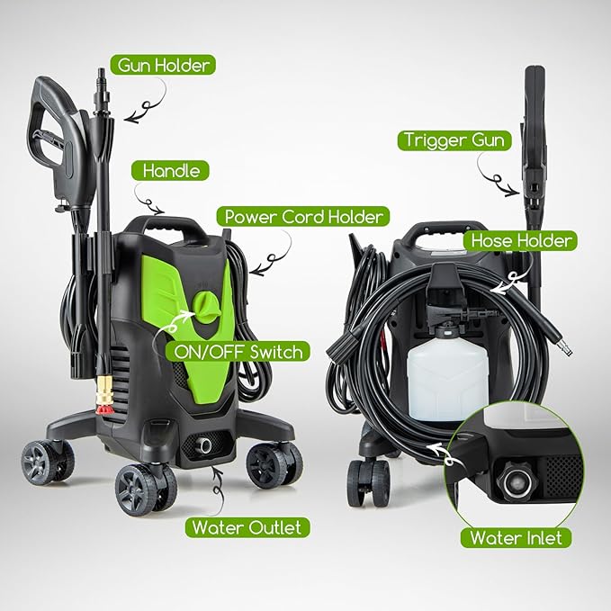 Goplus Electric Pressure Washer, 2400 PSI 1.7 GPM High Pressure Power Washer w/4 Quick Nozzles & Universal Wheels, Portable Pressure Washer IPX5 Car Wash Machine, Cleaning Garden Car Floor (Green)