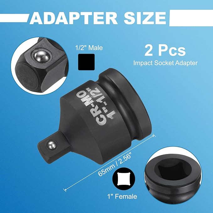 HARFINGTON 2pcs Impact Socket Adapter 1" Female to 1/2" Male Square Drive Reducer Standard SAE CR-MO Steel Converter Impact Driver Ratchet Wrench Breaker Bar Conversion, Black