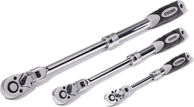Steelman Pro 72-Tooth Extendable Flex-Head Ratchet Tool Set, 3-Piece (1/4, 3/8, and 1/2-Inch Drives), Chrome-Vanadium Steel, 180-degree Flex-Head, Ideal for Auto Mechanics/Confined Spaces
